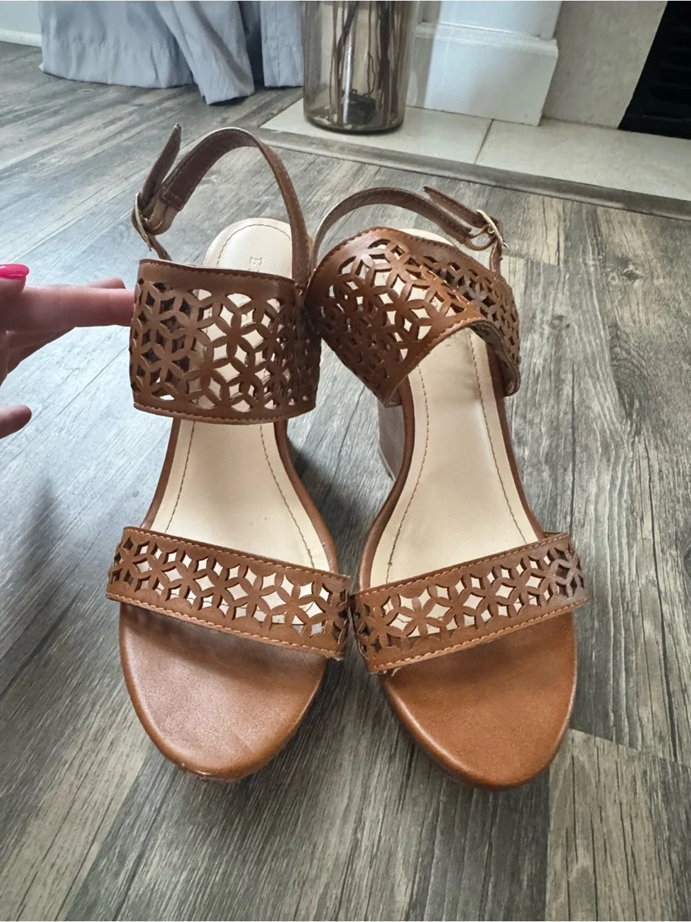 BAMBOO Cognac Laser-Cut Slingback Wedge Sandals